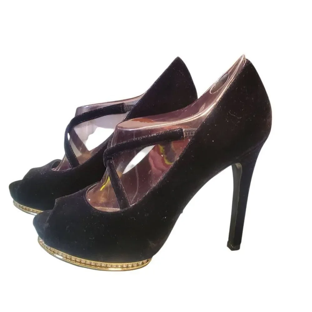 Adrianna Papell Women's Embellished Black Velvet Platform Leather Sole Heel Stil